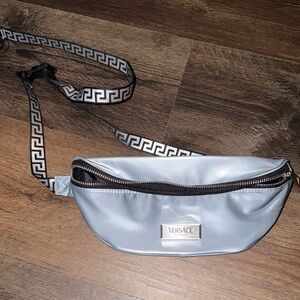 Versace Pale Blue Logo Belt Bag with Greek Key Strap